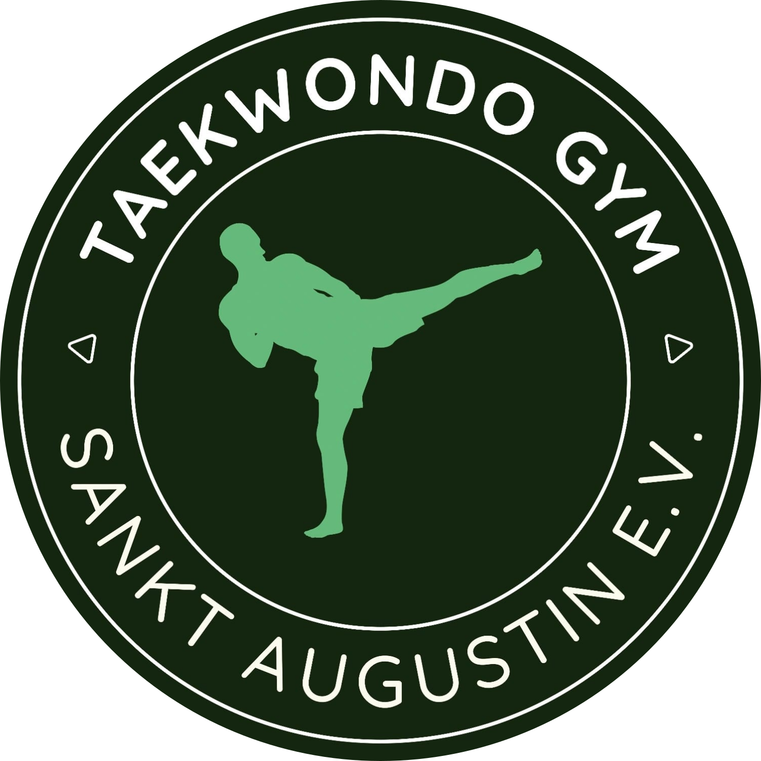 Logo zeigt die Silhouette eines Kampfsportlers auf grünen Hintergrund. Umrandet mit dem Schriftzug Taekwondo-Gym Sankt Augustin e.V..